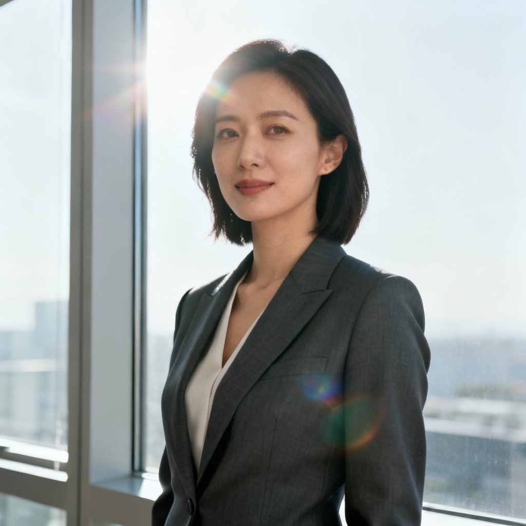 Elegant office fake girlfriend in business attire by window