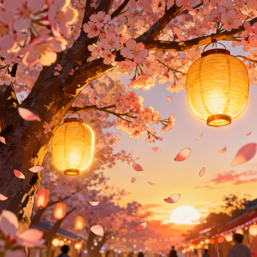 Anime spring festival under peach blossoms