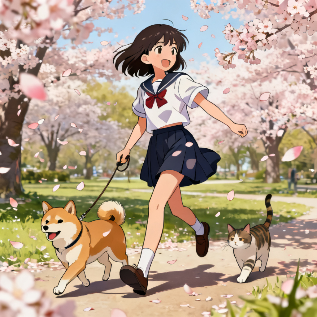 AI anime girl walking pets under cherry blossoms