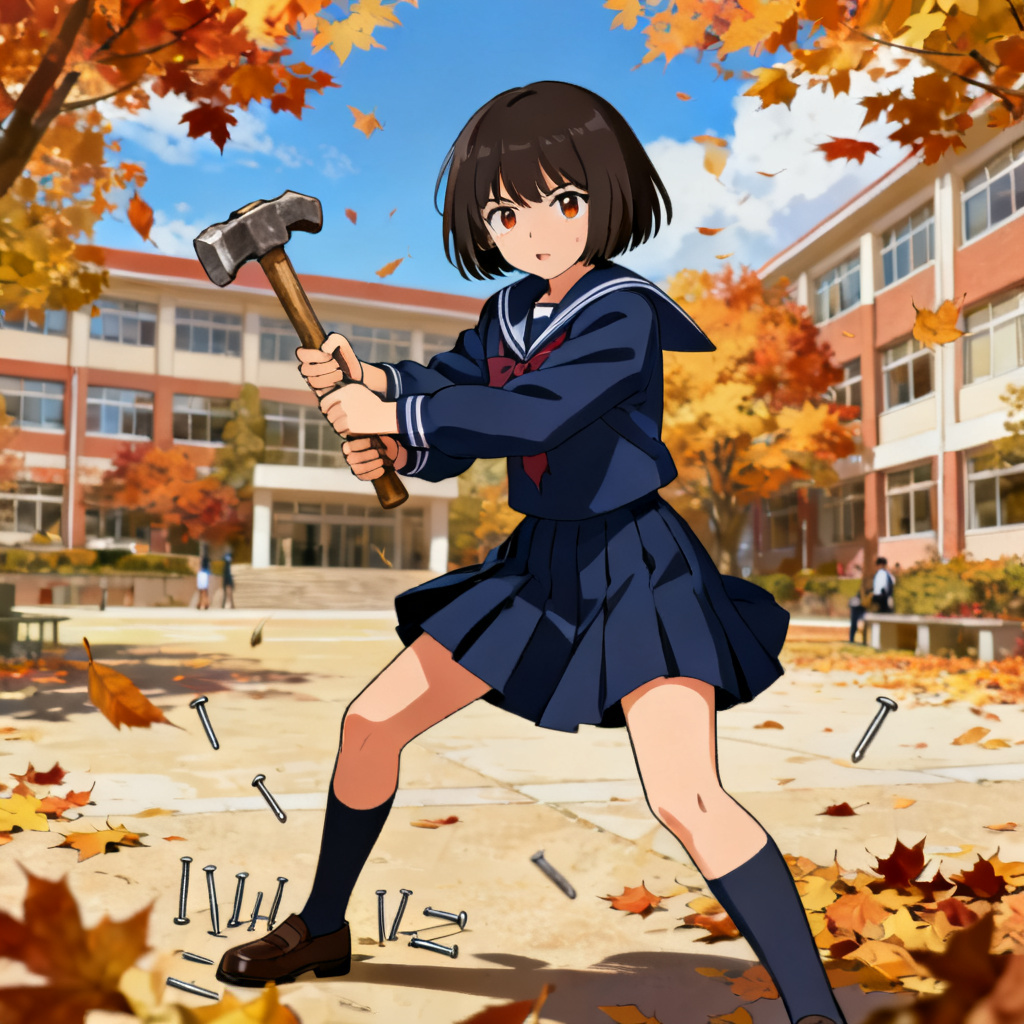 AI JJK OC heroine in school uniform with hammer and nails