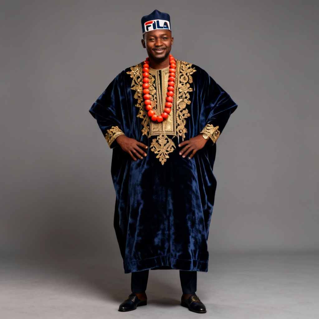 AI royal Yoruba agbada ceremonial outfit with cap and beads