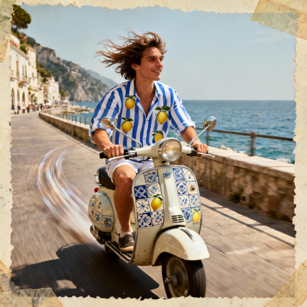 AI Italian coastal brainrot character on vintage scooter