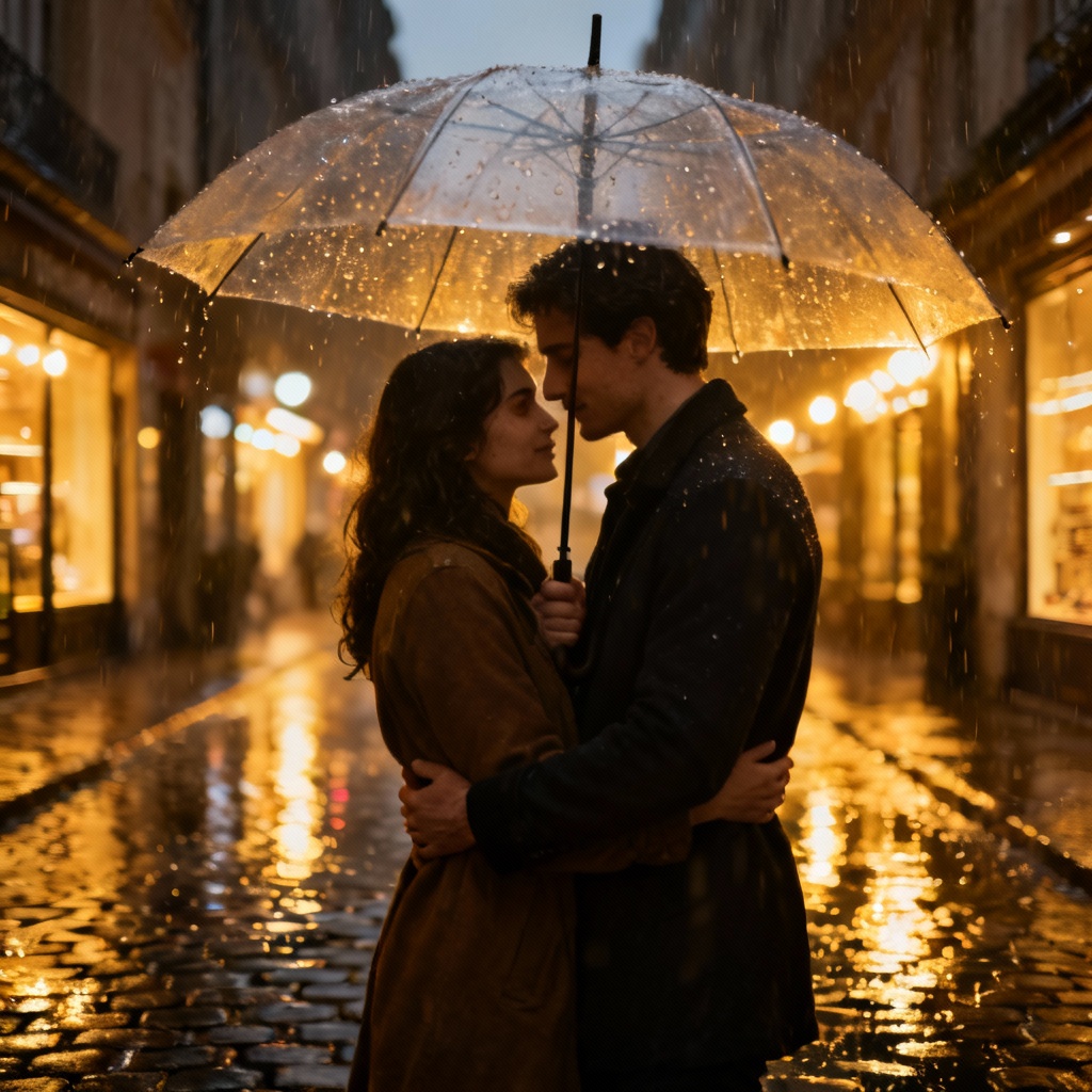 AI rainy wedding umbrella hug
