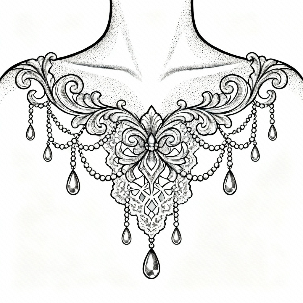 Ornamental sternum chandelier tattoo with filigree and beads