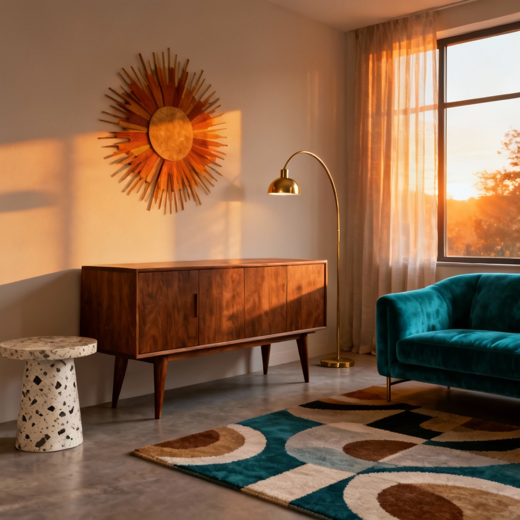 Mid-century modern living space with walnut and teal accents