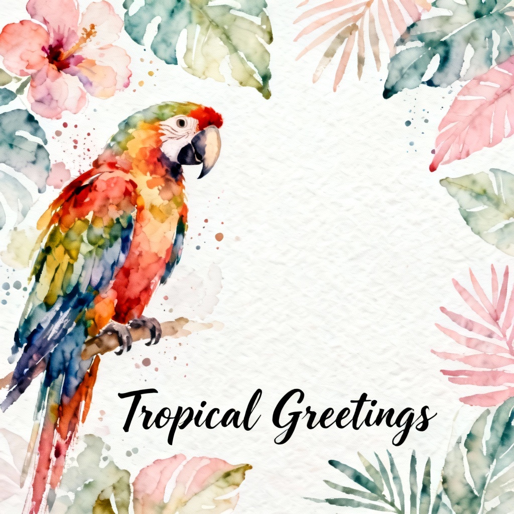 AI parrot watercolor postcard illustration