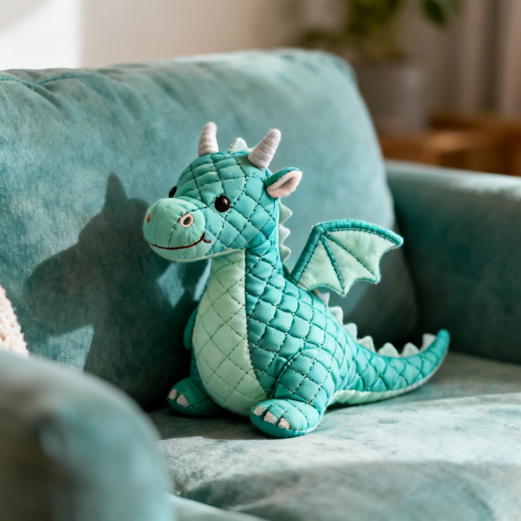 AI fantasy dragon plush figure in lifestyle scene