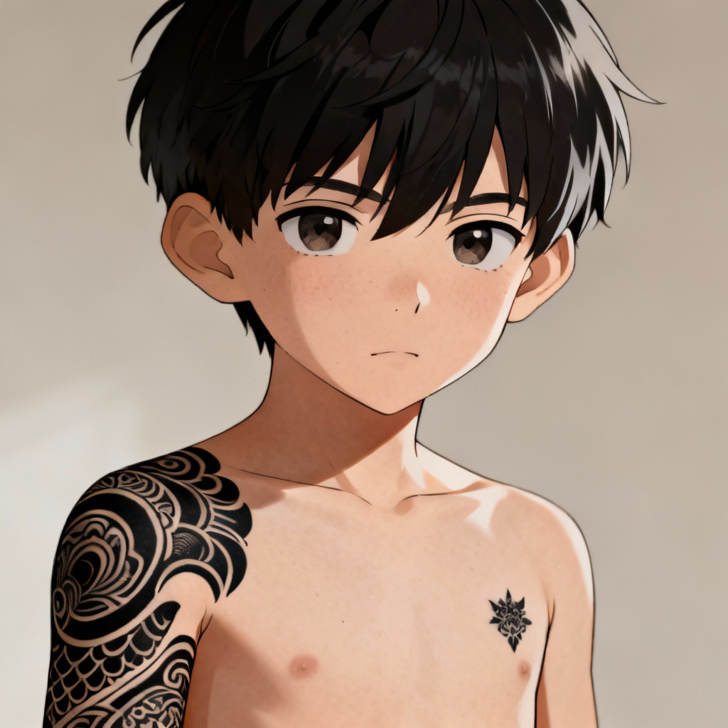 AI tattoo boy portrait with blackwork sleeve and chest piece