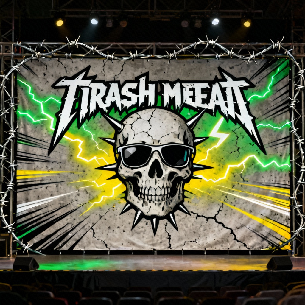 AI thrash metal stage backdrop with lightning and barbed wire