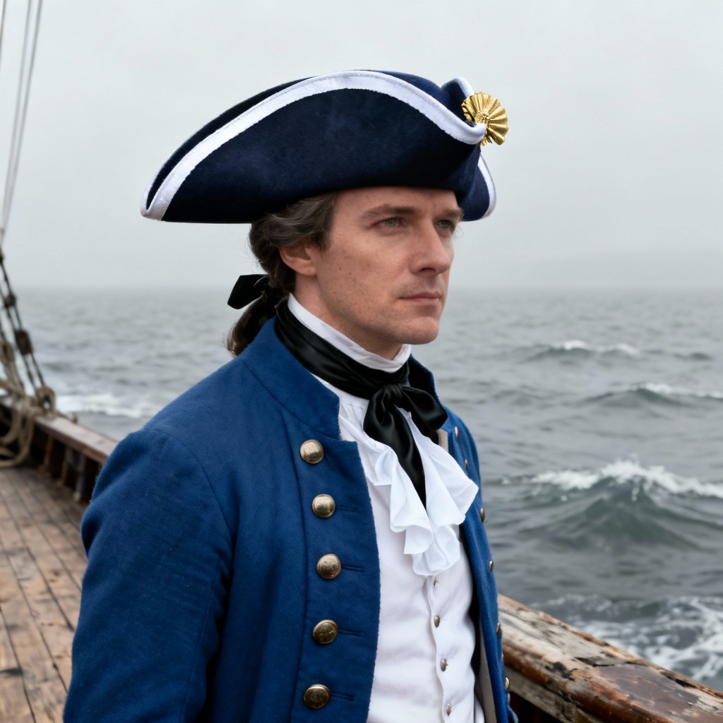 18th century naval officer wearing a crisp navy tricorn hat
