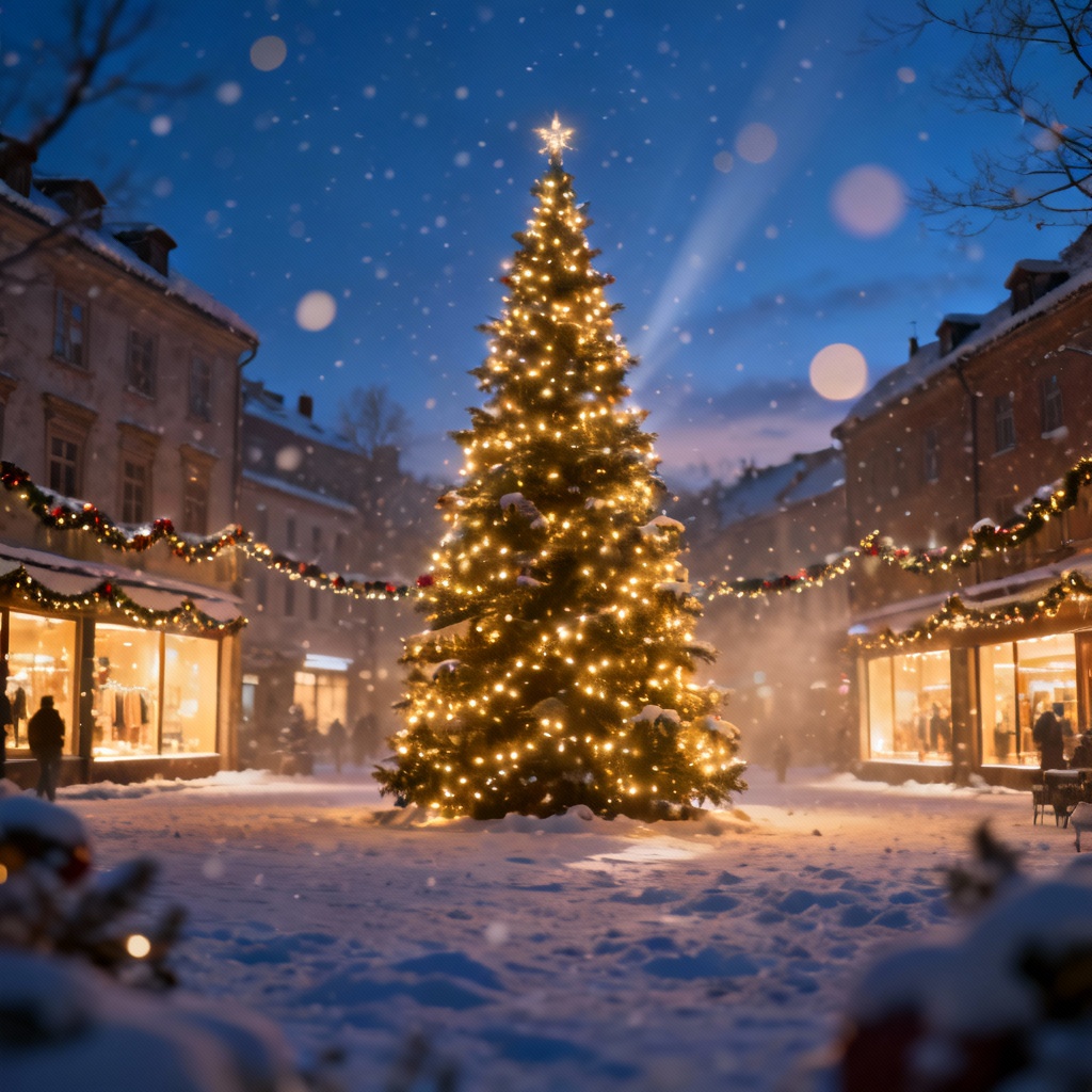 AI Christmas Town Square Wallpaper 4K with snow and lights