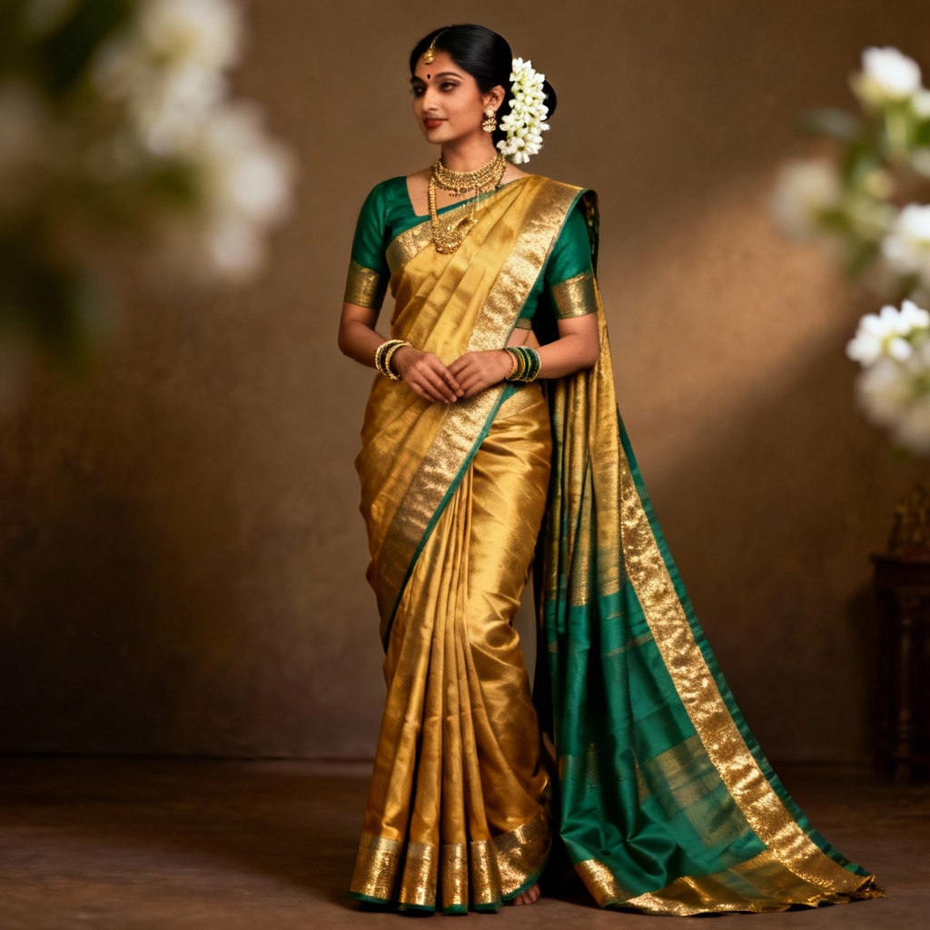 AI Kanjivaram silk saree with South Indian draping style