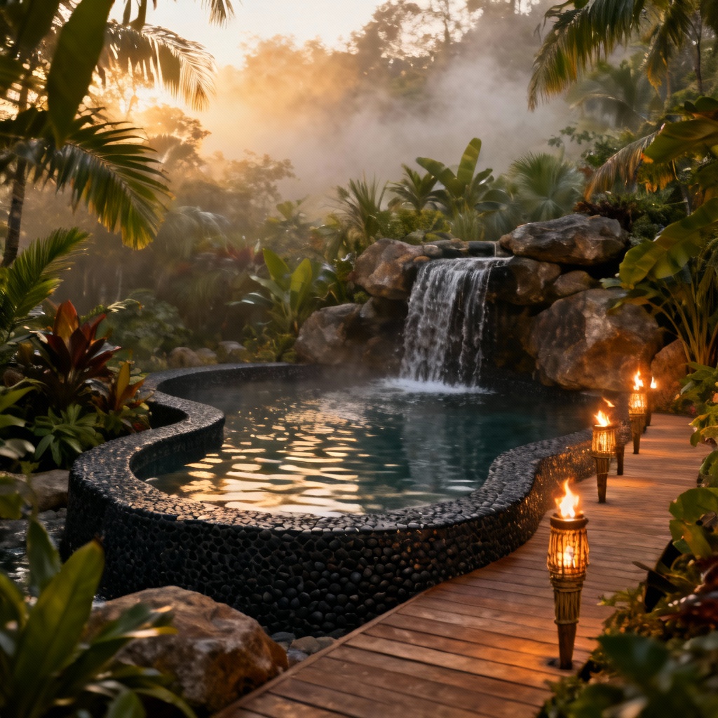 AI natural freeform outdoor pool in a jungle retreat