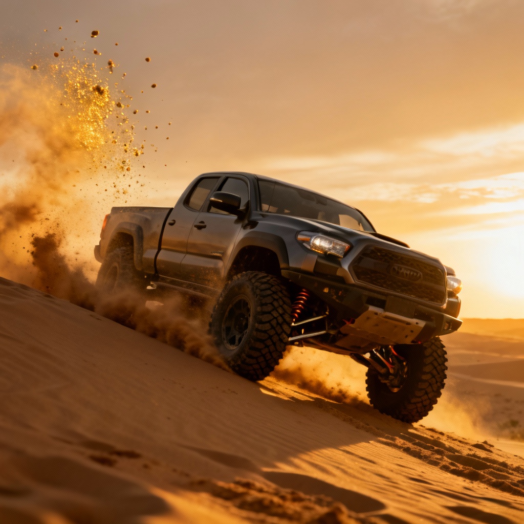 AI off-road pickup truck in desert at sunset