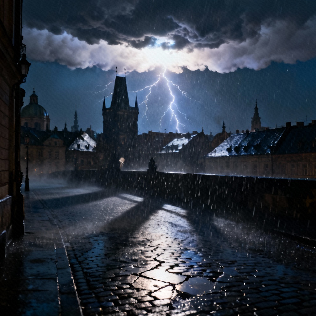 AI stormy gothic city at midnight with lightning