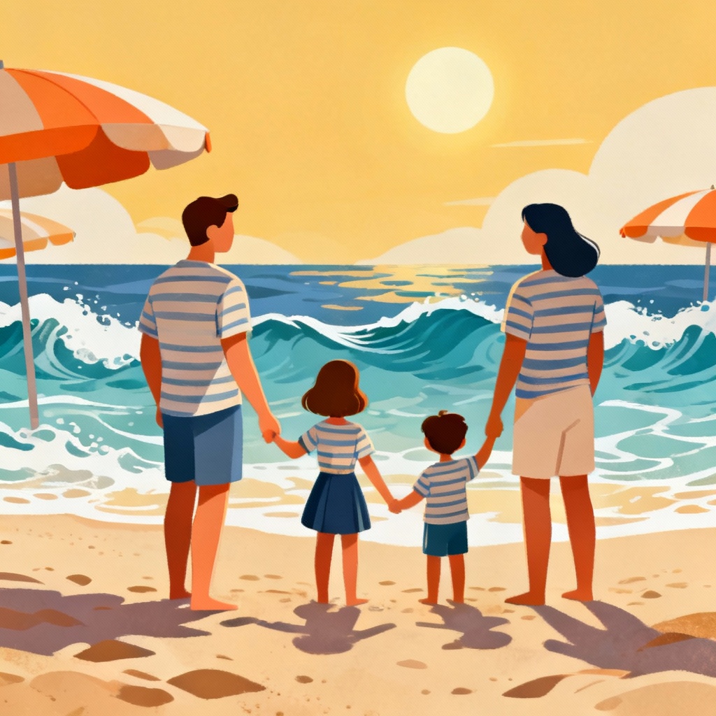AI cartoon family at the beach