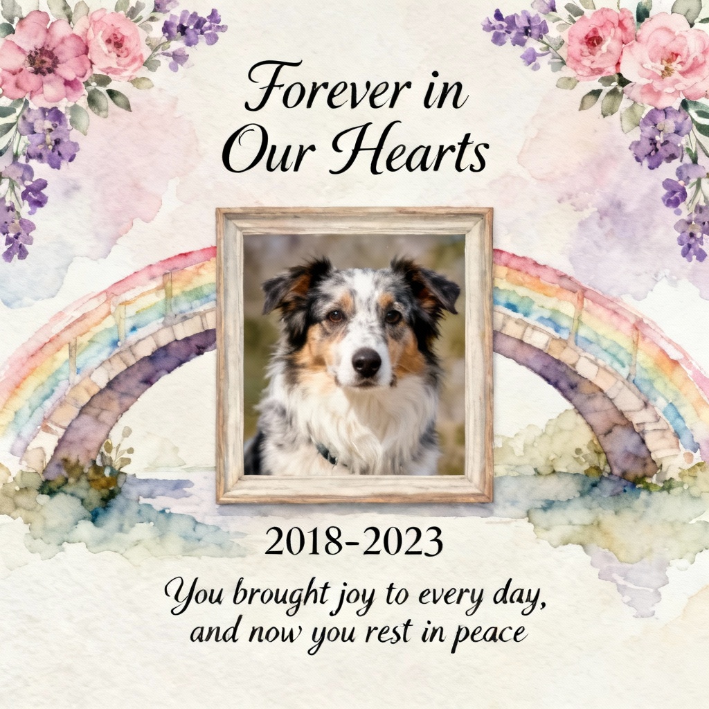 AI pet memorial card with soft watercolor rainbow bridge