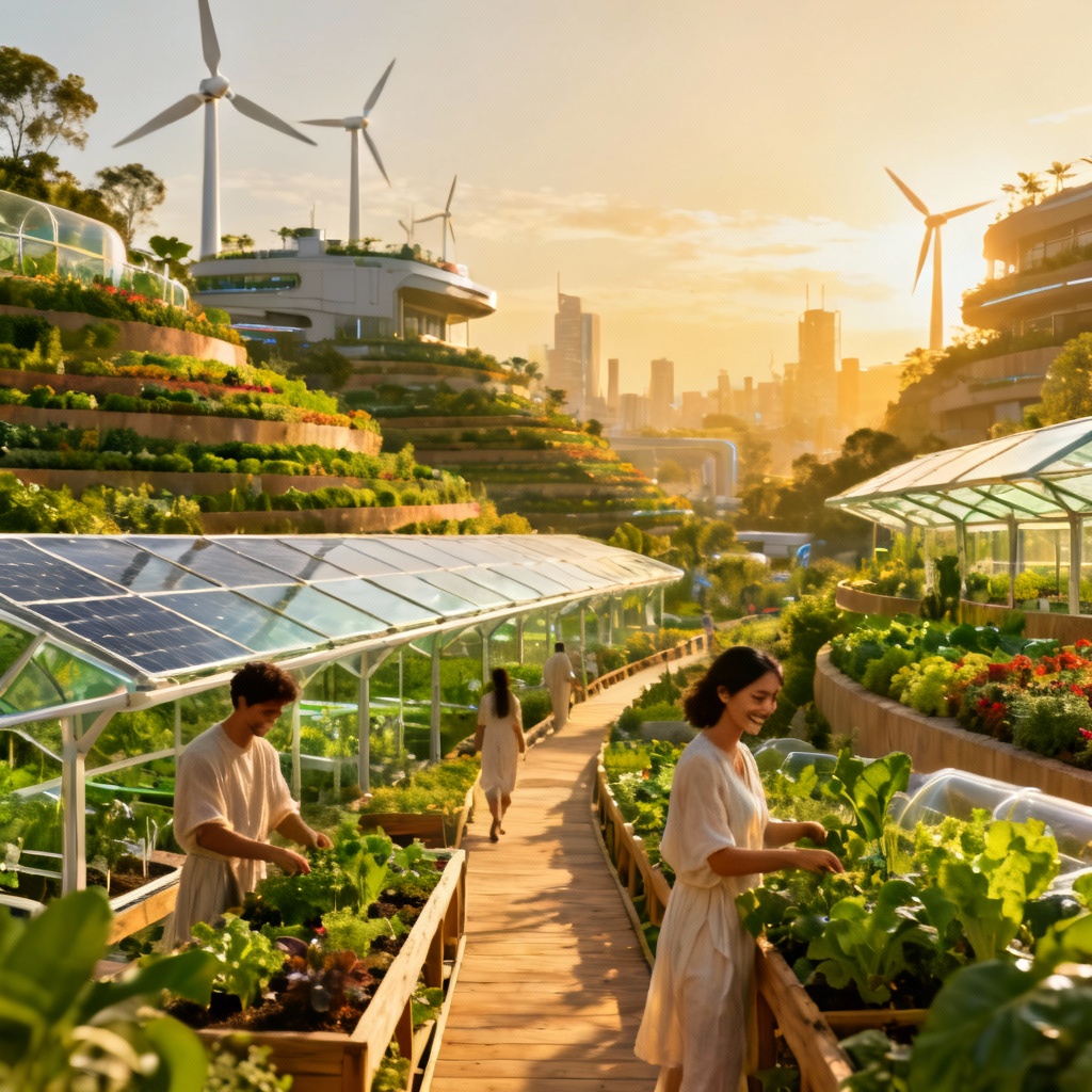 AI solarpunk utopian city terrace gardens