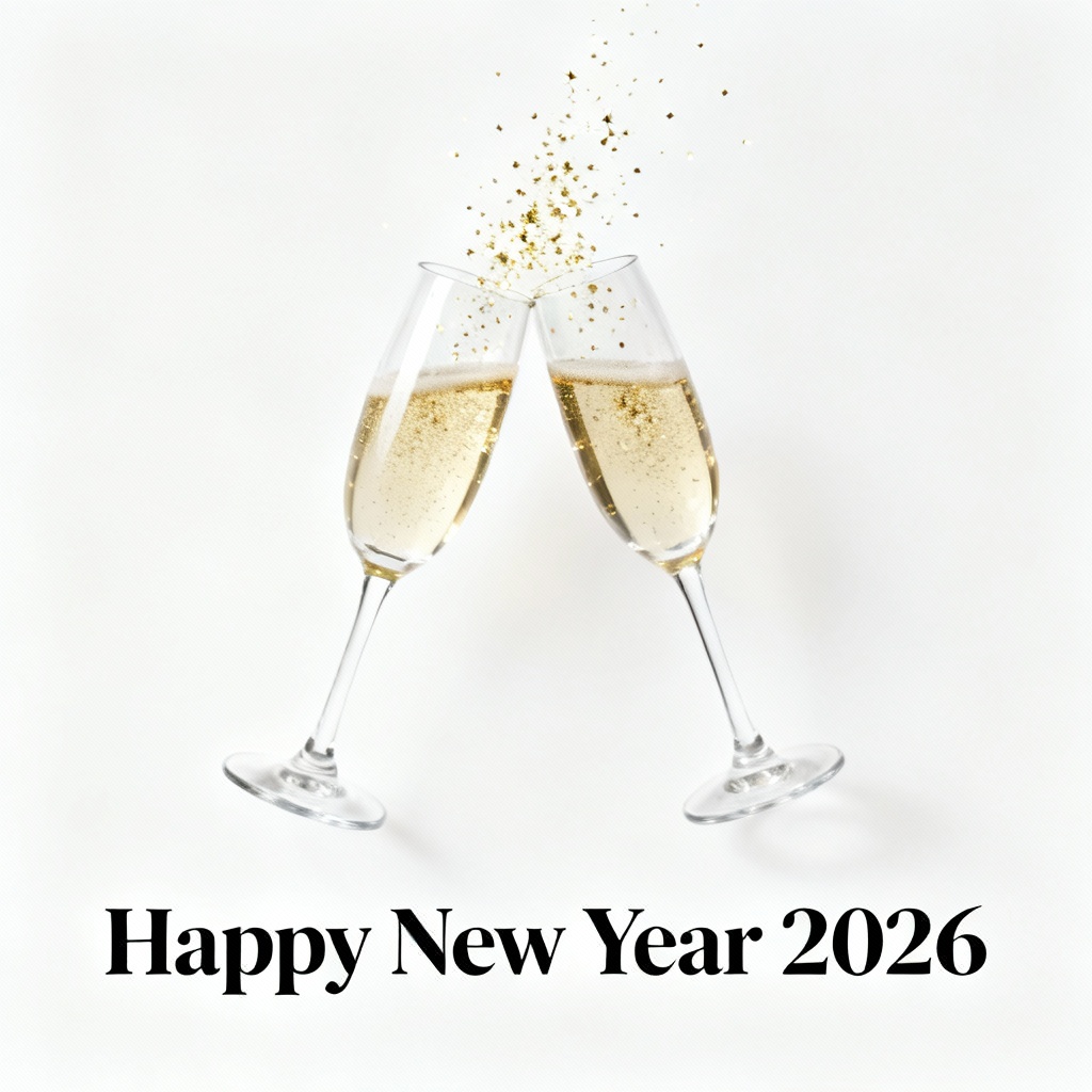 Minimal champagne celebration with modern Happy New Year 2026 text