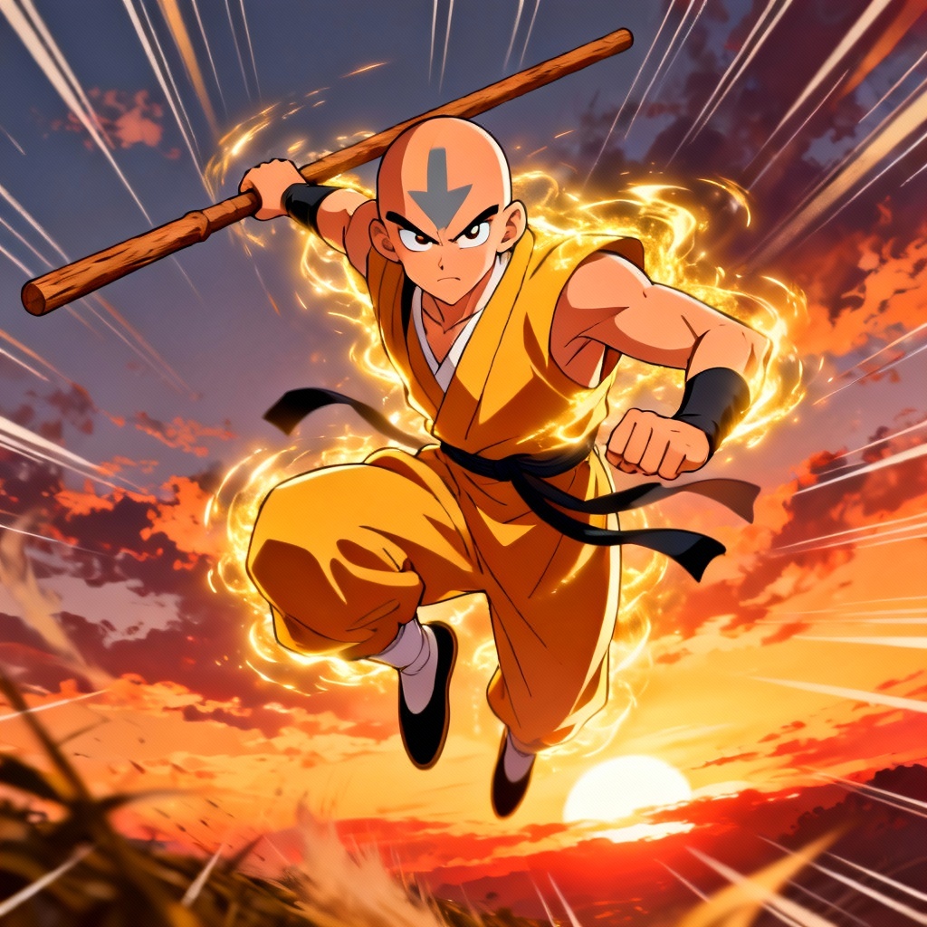 AI anime monk hero with staff in action