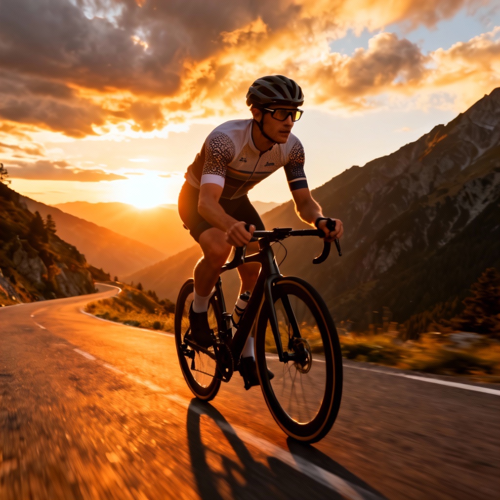 AI generated road cyclist sprinting at sunrise on a mountain pass
