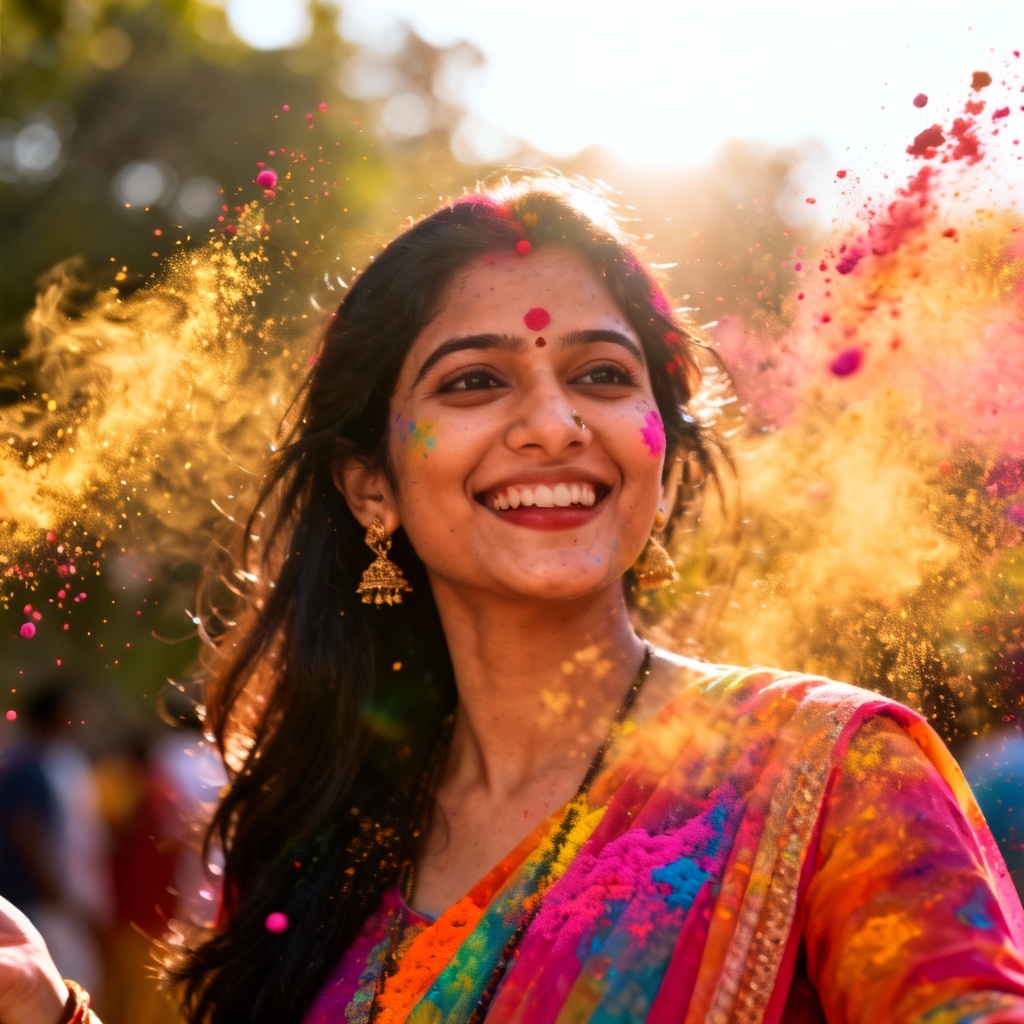 AI Holi festival portrait of Indian woman with colors