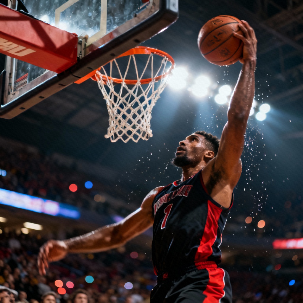 AI basketball dunk scene under stadium lights