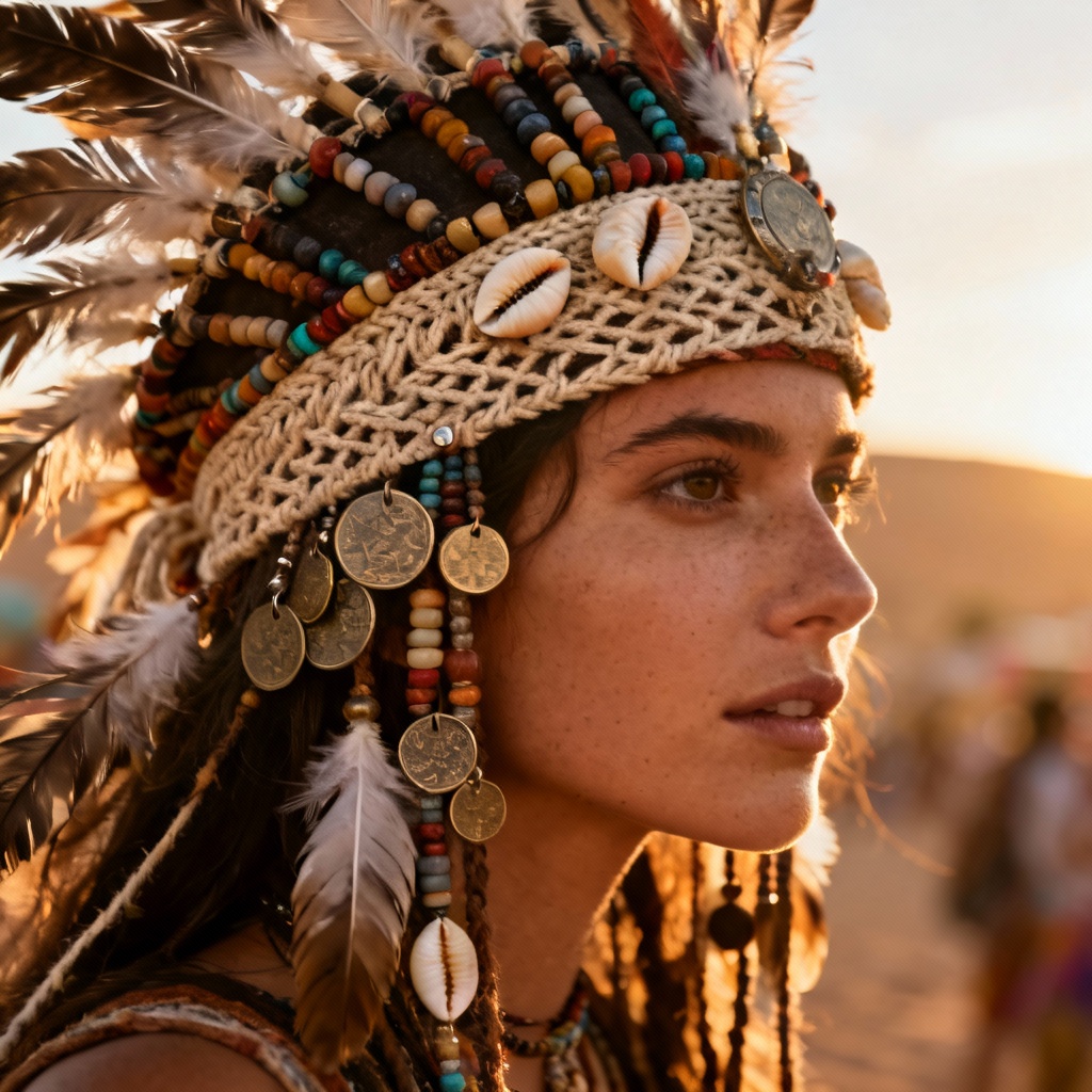 AI boho festival headpiece with beads and feathers