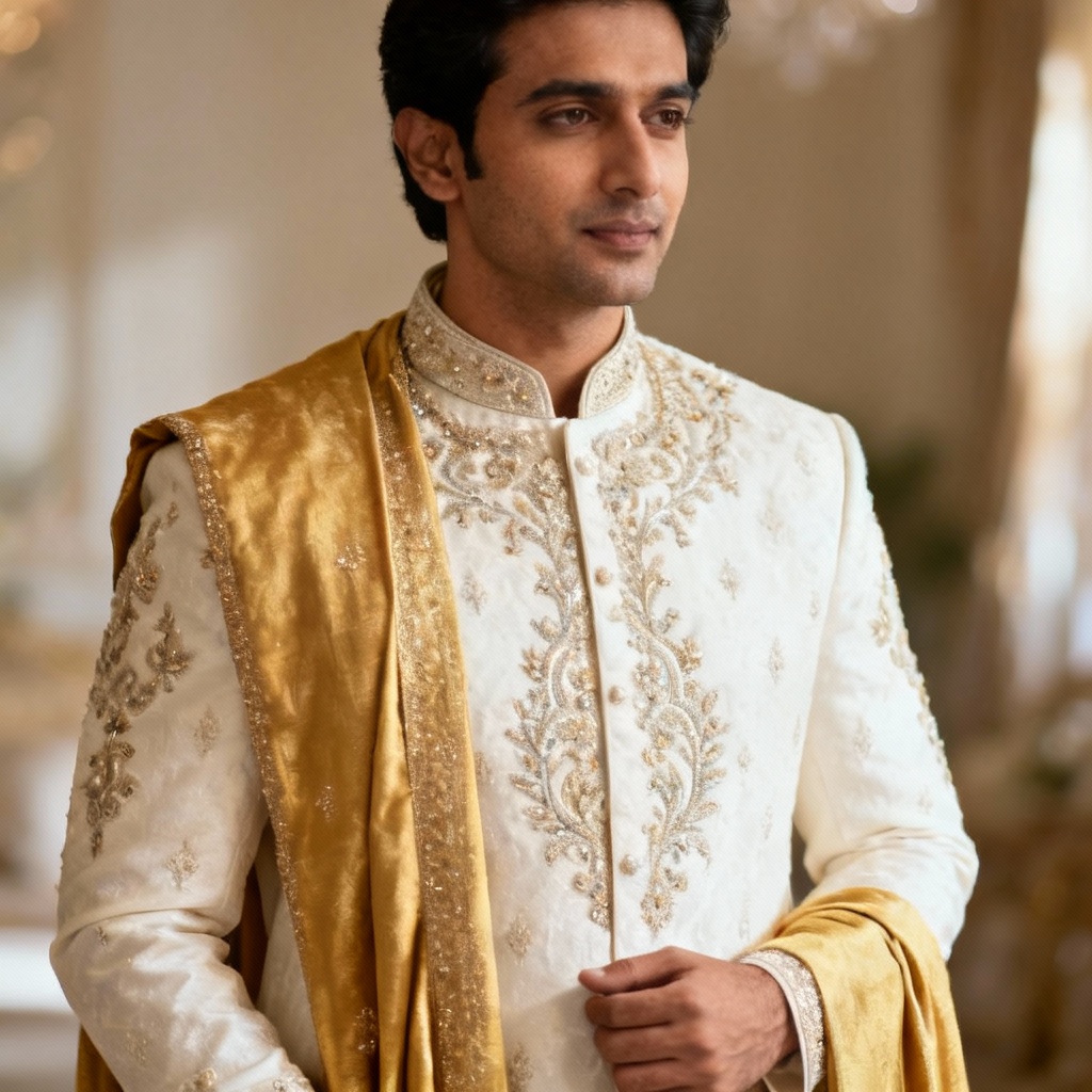 AI Santosh wedding portrait in ivory sherwani