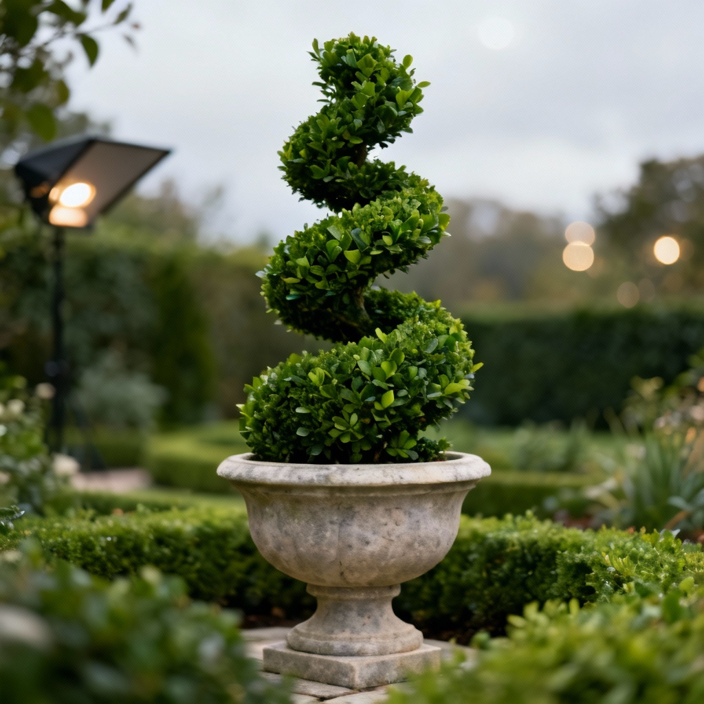 AI sculpted spiral topiary bush in a formal garden