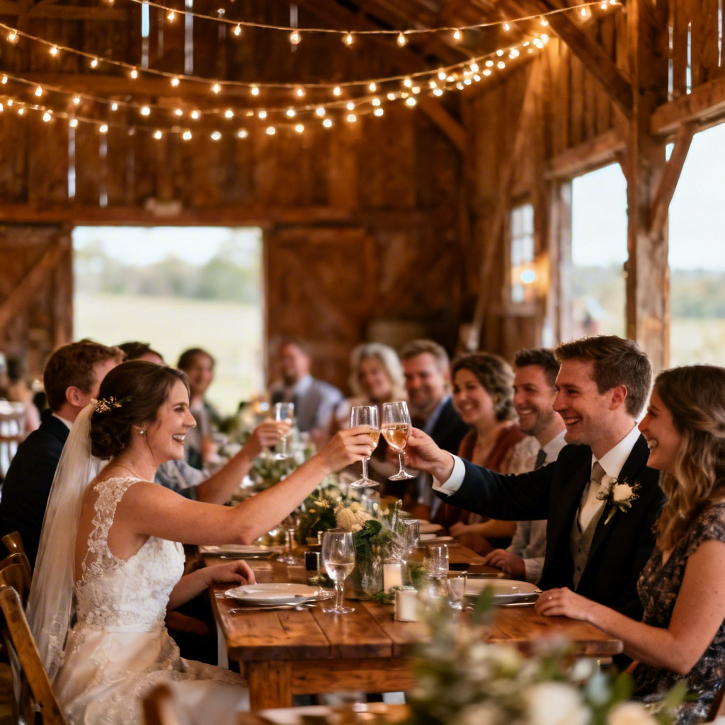 AI rustic barn wedding reception toast