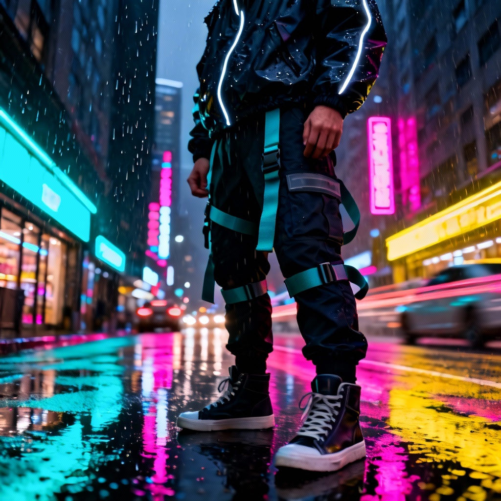 AI techwear outfit in monochrome with shell jacket and tactical pants