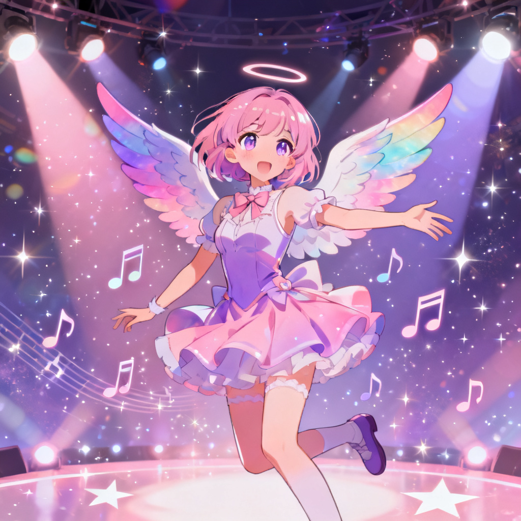 AI anime idol angel with pastel wings and sparkles
