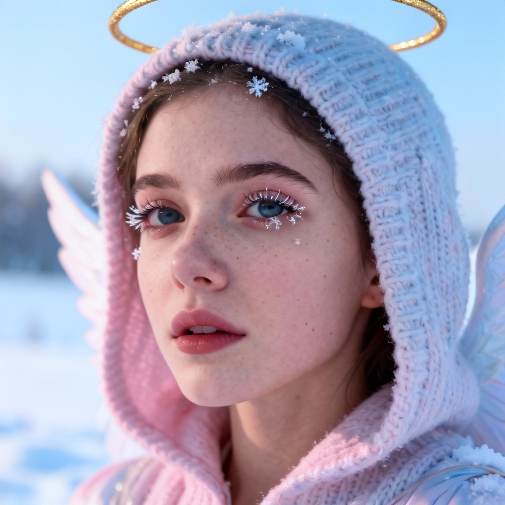 Close-up portrait of a Nordic winter angel in snow
