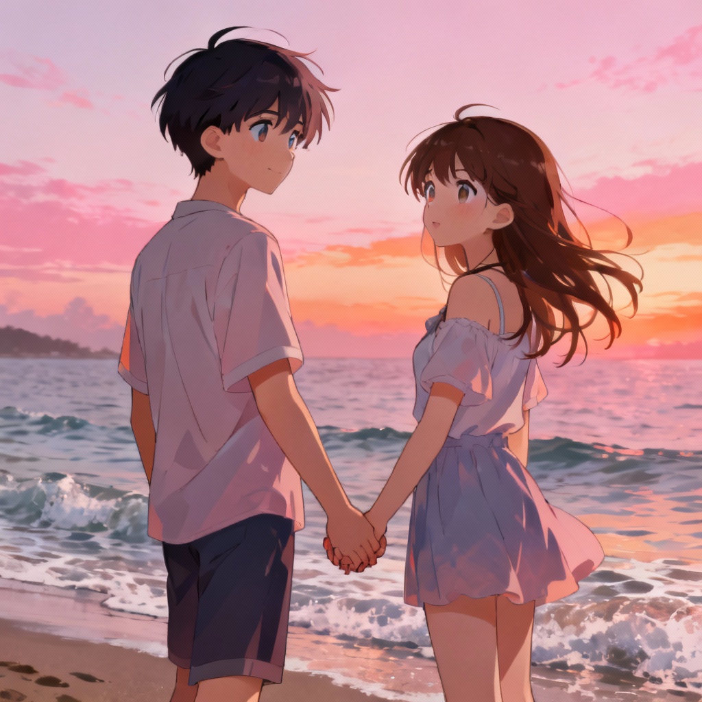AI anime seaside couple under pastel skies