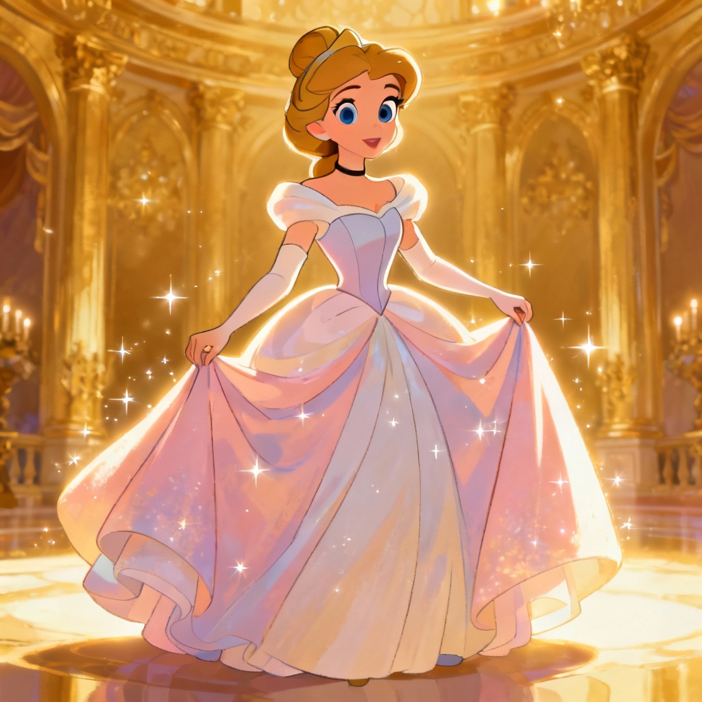 AI Disney-style princess portrait in a golden ballroom