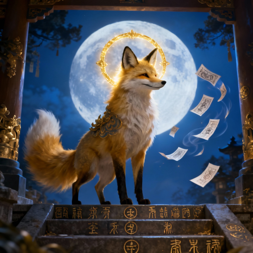 AI guardian pet deity celestial fox with golden halo