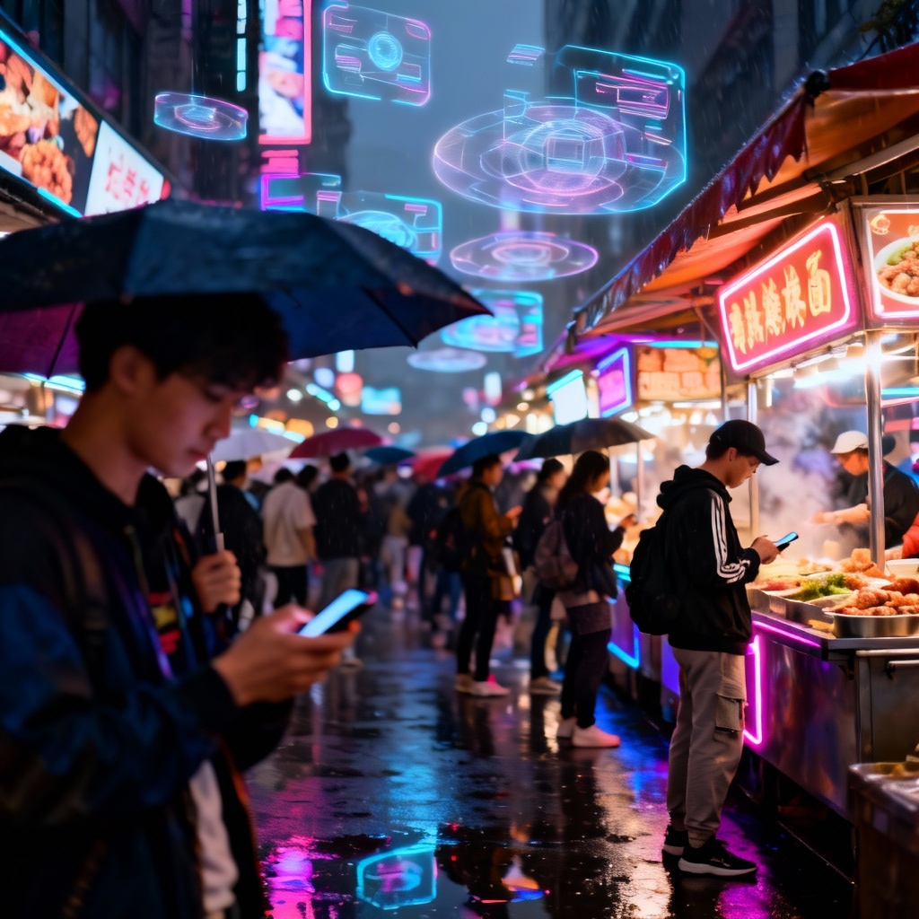 AI cyberpunk hologram market with neon signage
