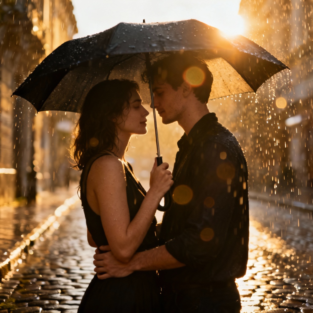 AI romantic couple with umbrella in rain