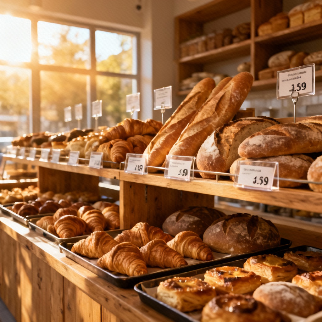 Photoreal bakery shelves with breads and pastries