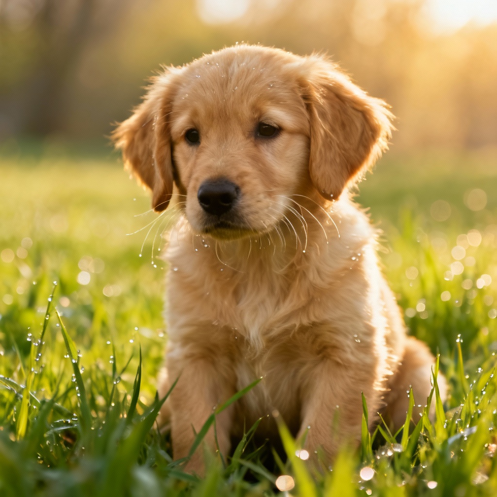 AI photorealistic golden retriever puppy in a park