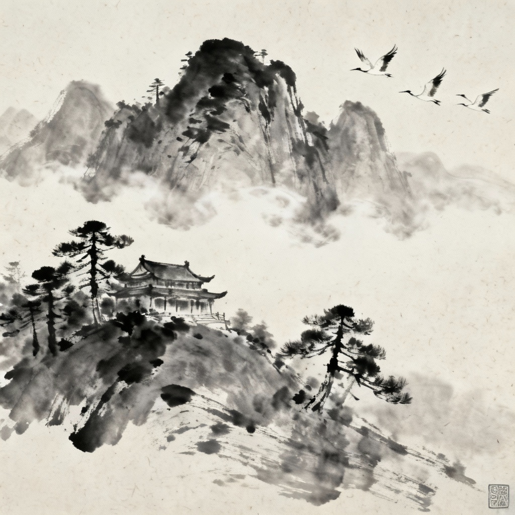 AI ink wash mountain temple landscape with mist