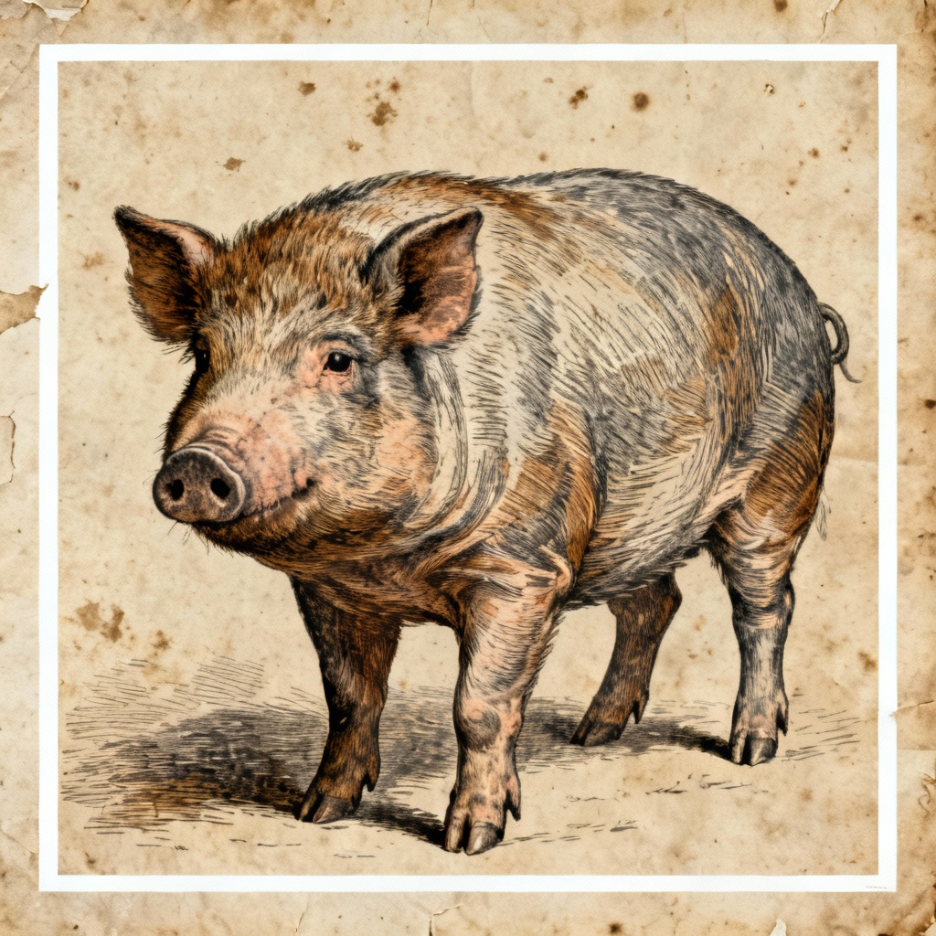 AI vintage ink illustration of a pig with crosshatching