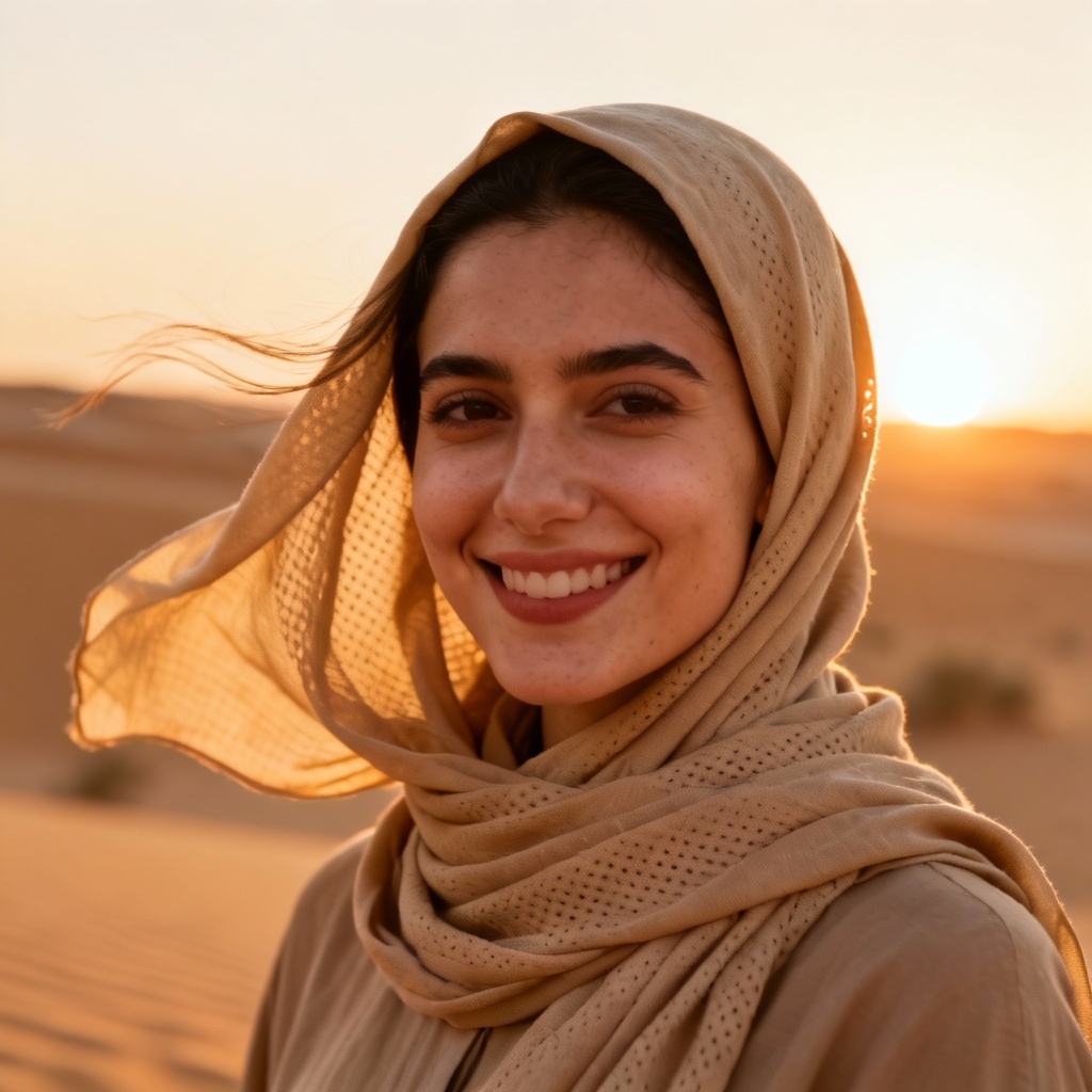 AI travel hijab look in desert light with warm tones
