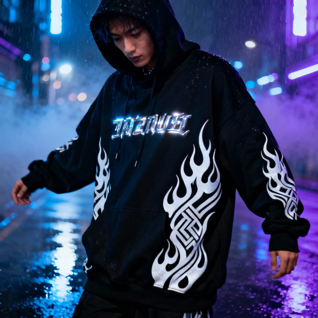 AI Y2K tribal flame oversized hoodie try on