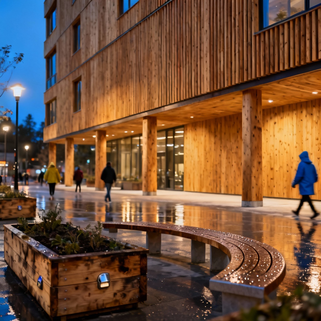 Photoreal CLT mid-rise with cedar slat facade and public plaza