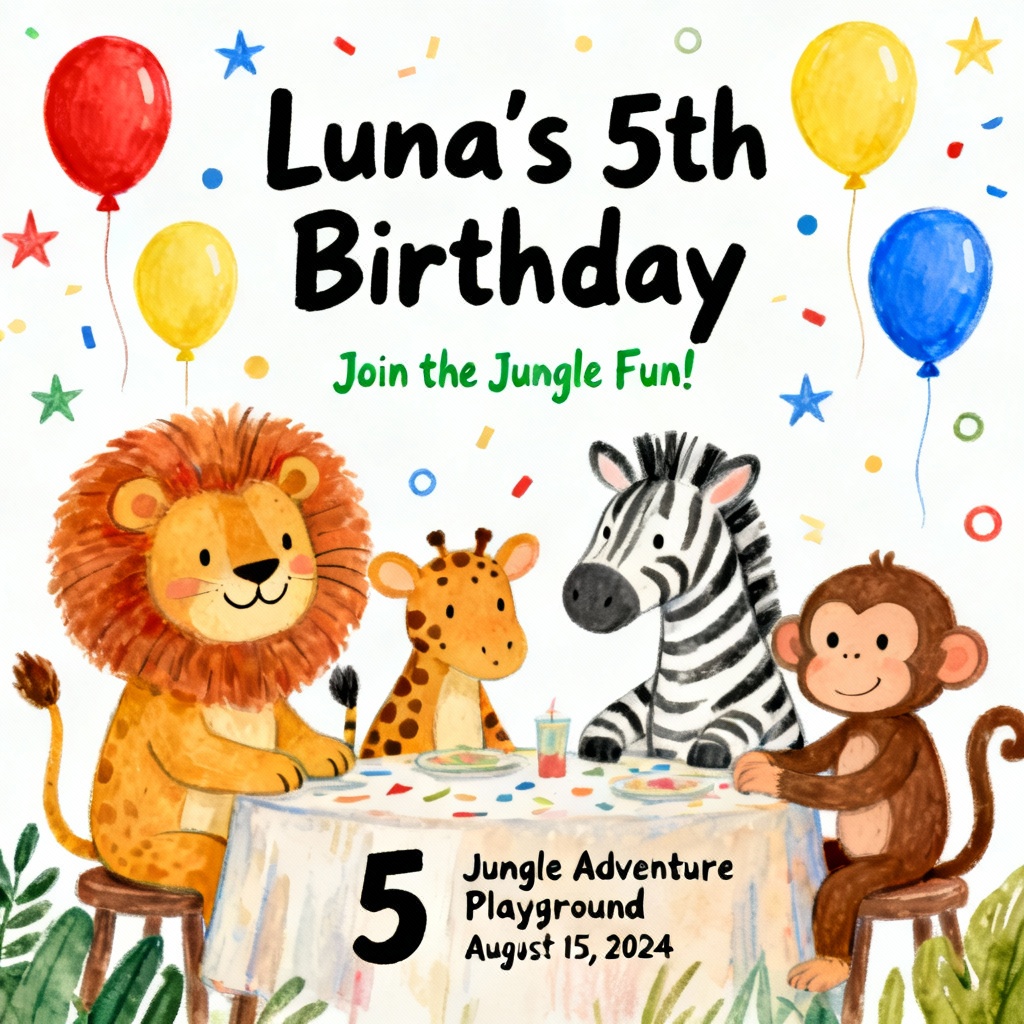 AI kids birthday jungle theme invitation