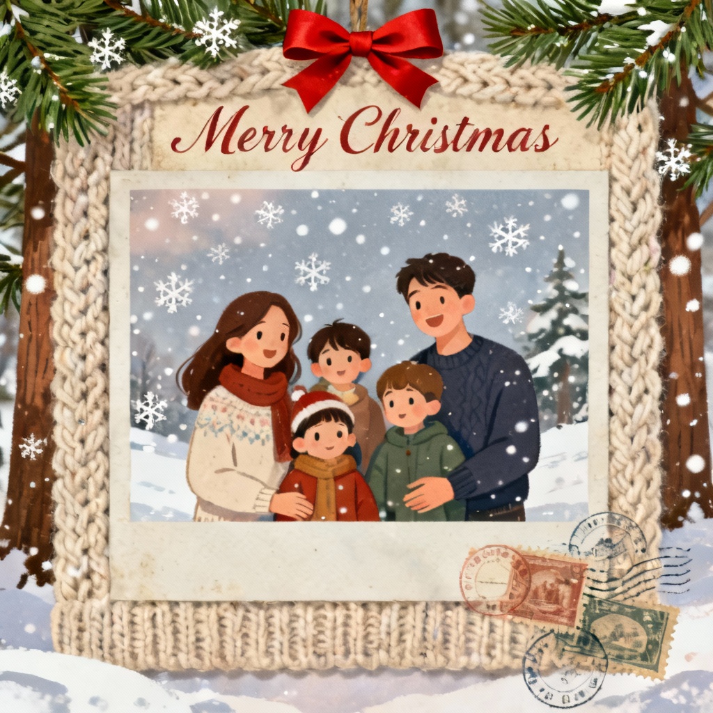 AI photo to art Christmas postcard with knit texture and snow