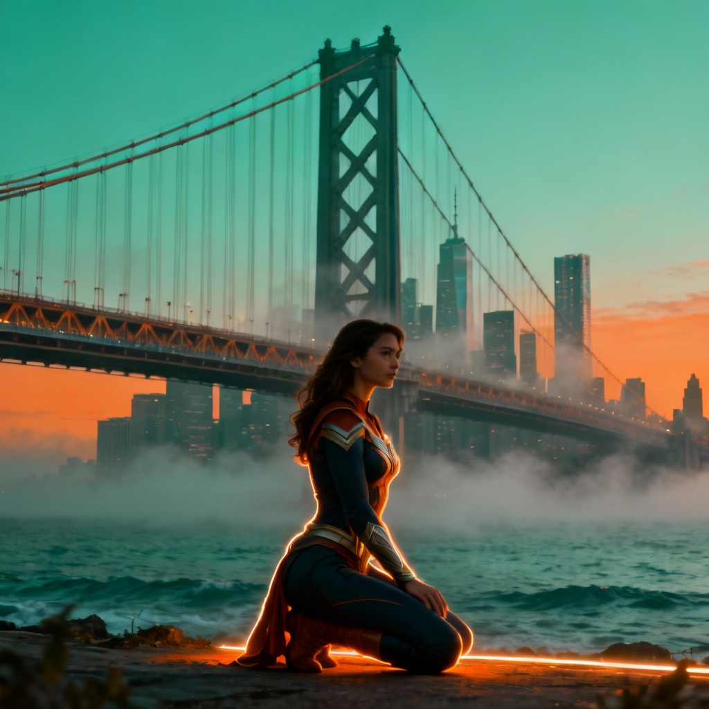 AI giantess by a suspension bridge with macro city view