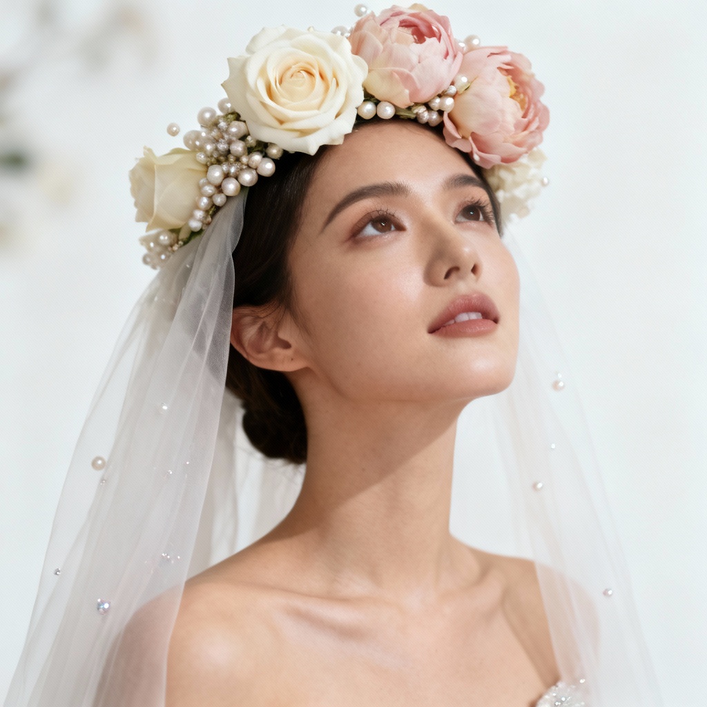 AI wedding flower crown with peonies and roses